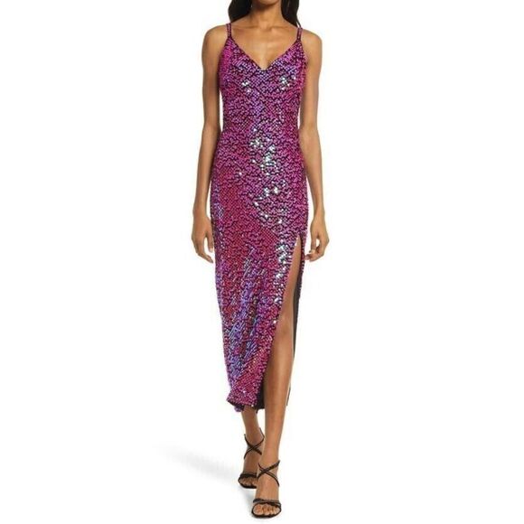 SHO x Tadashi Shoji Sz XS Hot Pink Spaghetti Strap Midi Sheath Party Dress - Picture 3 of 16